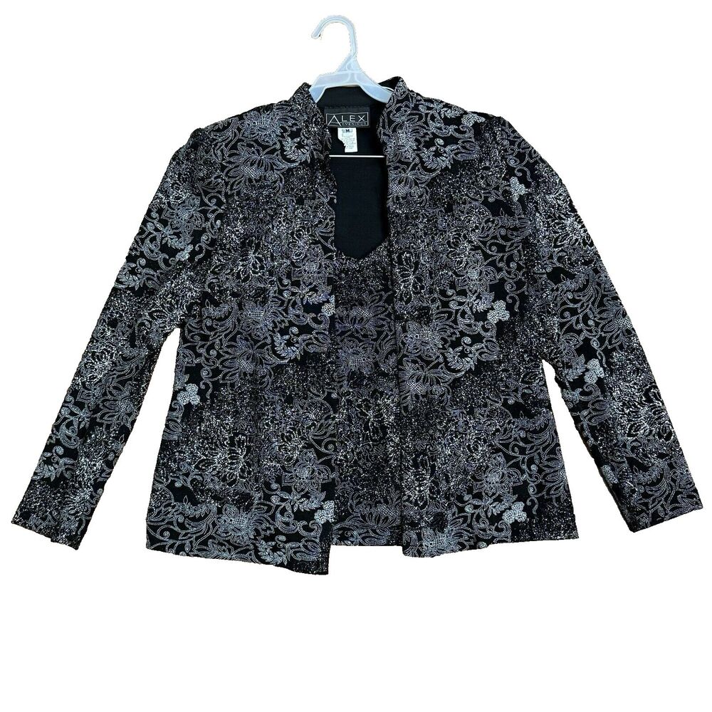Alex Evenings Jacket Tank Set Womens M Black Silver Glitter Floral Formal 2 pc